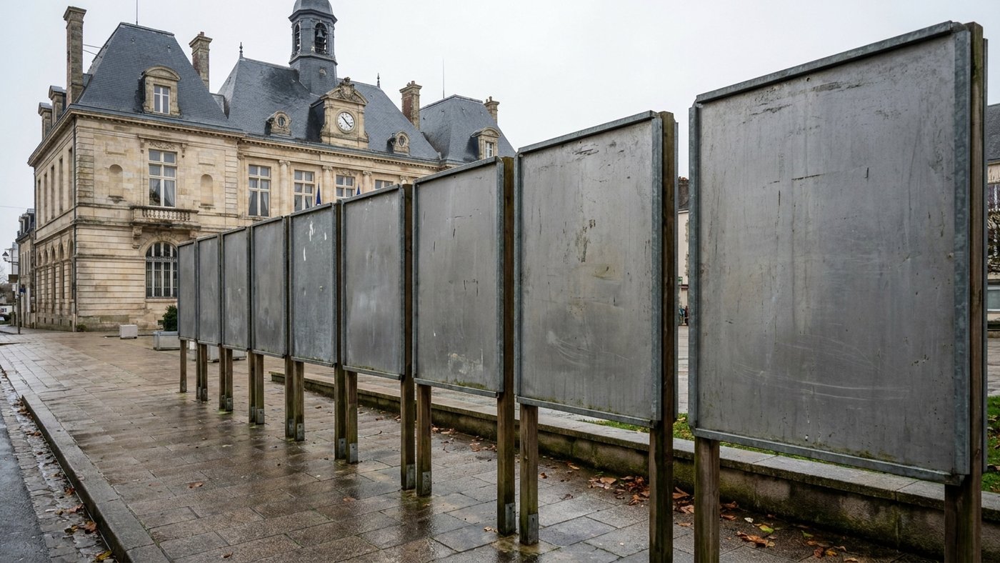 Panneaux officiels d'affichage électoral vides à cadres métalliques alignés sur un trottoir devant une mairie française, lumière douce de matin couvert