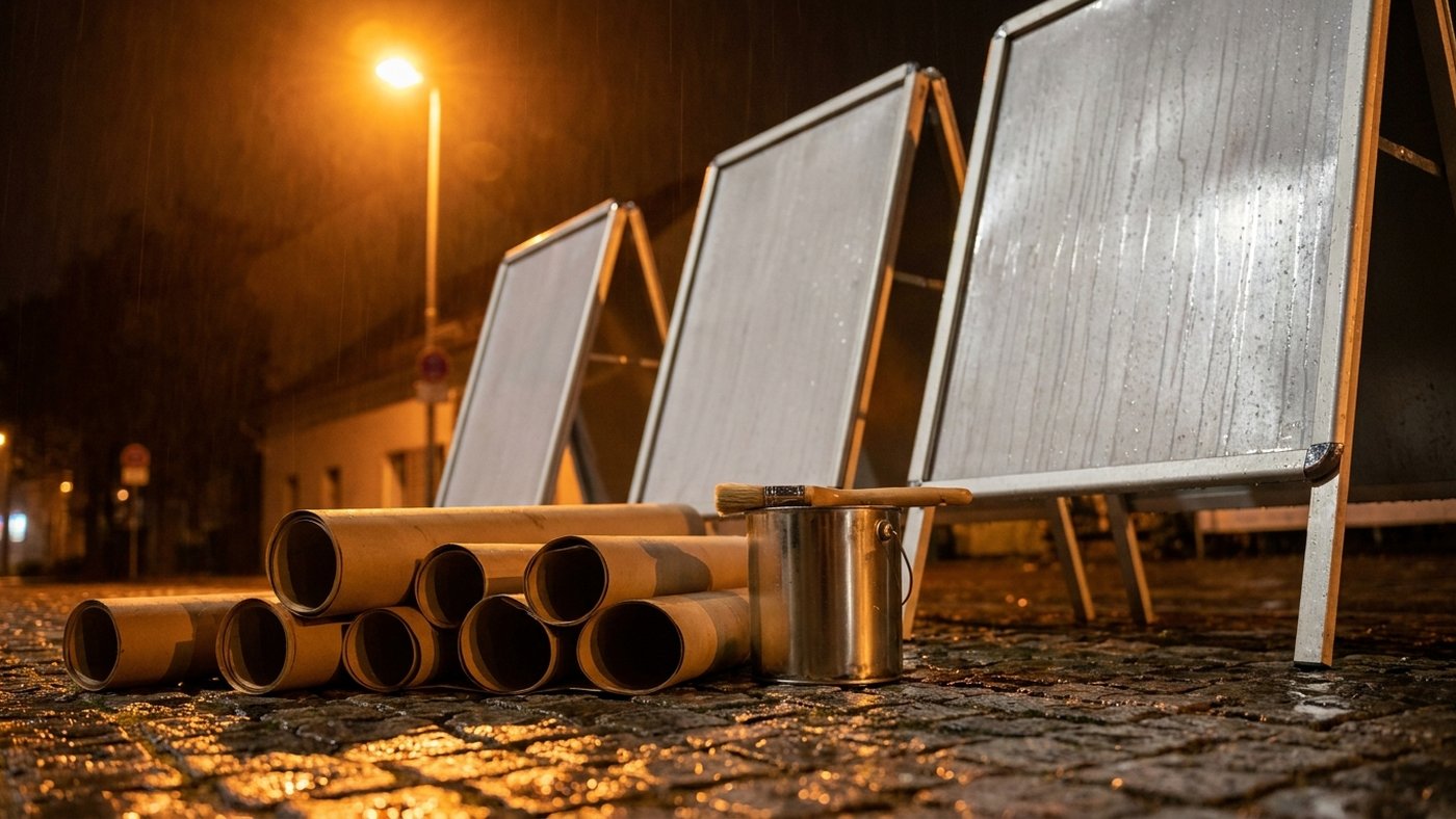 Tubes d'affiches, pot de colle et brosse posés sur des pavés mouillés devant des panneaux officiels d'affichage électoral vides, la nuit, sous la lueur d'un réverbère