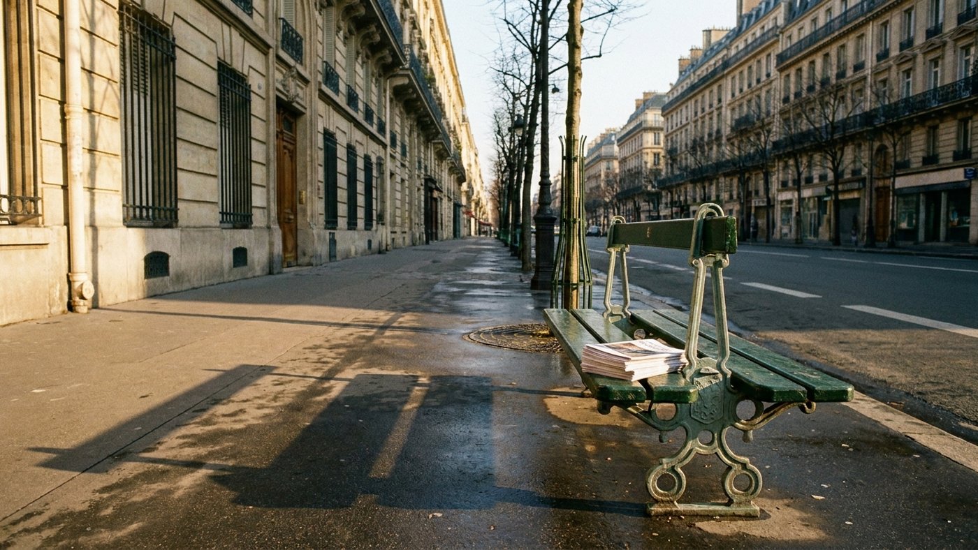Un trottoir haussmannien au petit matin avec une pile de flyers posée sur un banc, le terrain quotidien d'un animateur de street marketing