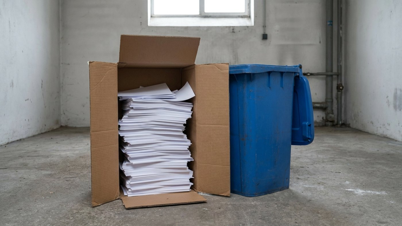 Pile de flyers non distribués posée à côté d'un bac de tri papier dans un local de stockage
