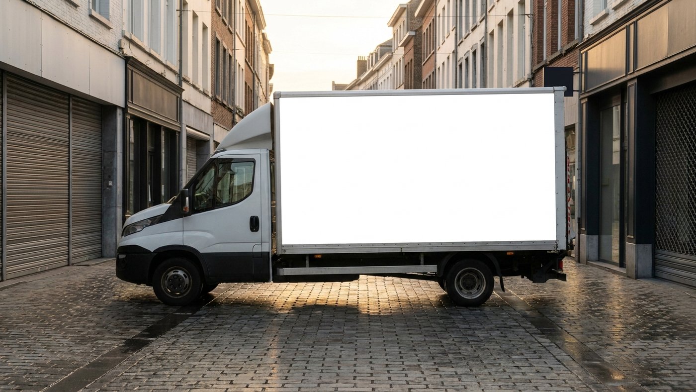 Camion publicitaire à panneaux vides stationné dans une rue commerçante européenne au petit matin