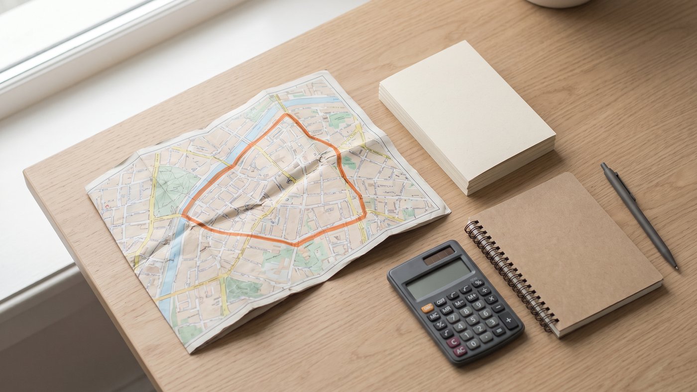 Carte de zone de distribution, pile de flyers vierges et calculatrice sur un plan de travail
