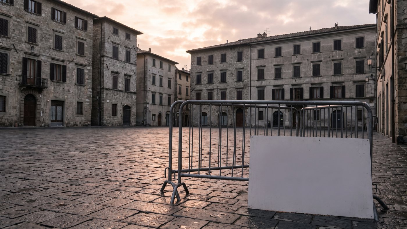 Place pavée européenne au petit matin, barrière temporaire et panneau vierge, sans personne