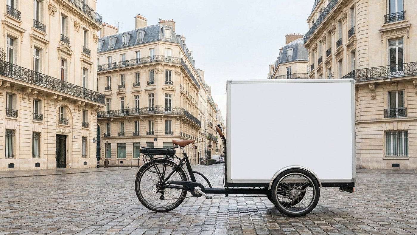 Triporteur publicitaire avec panneau vierge stationné sur une place pavée de centre-ville français, lumière du matin