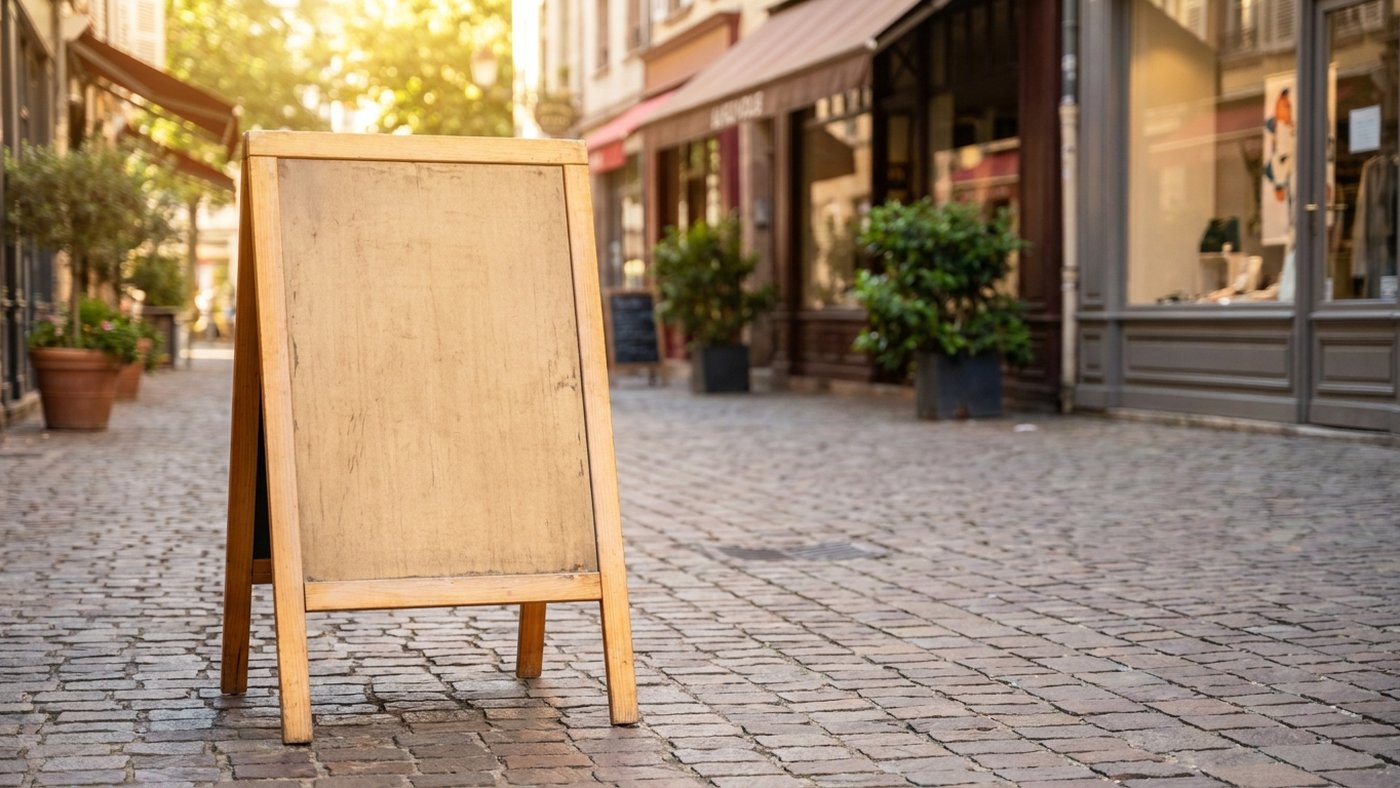 Panneau publicitaire bi-face vierge posé sur pieds dans une rue piétonne commerçante française, devantures en arrière-plan