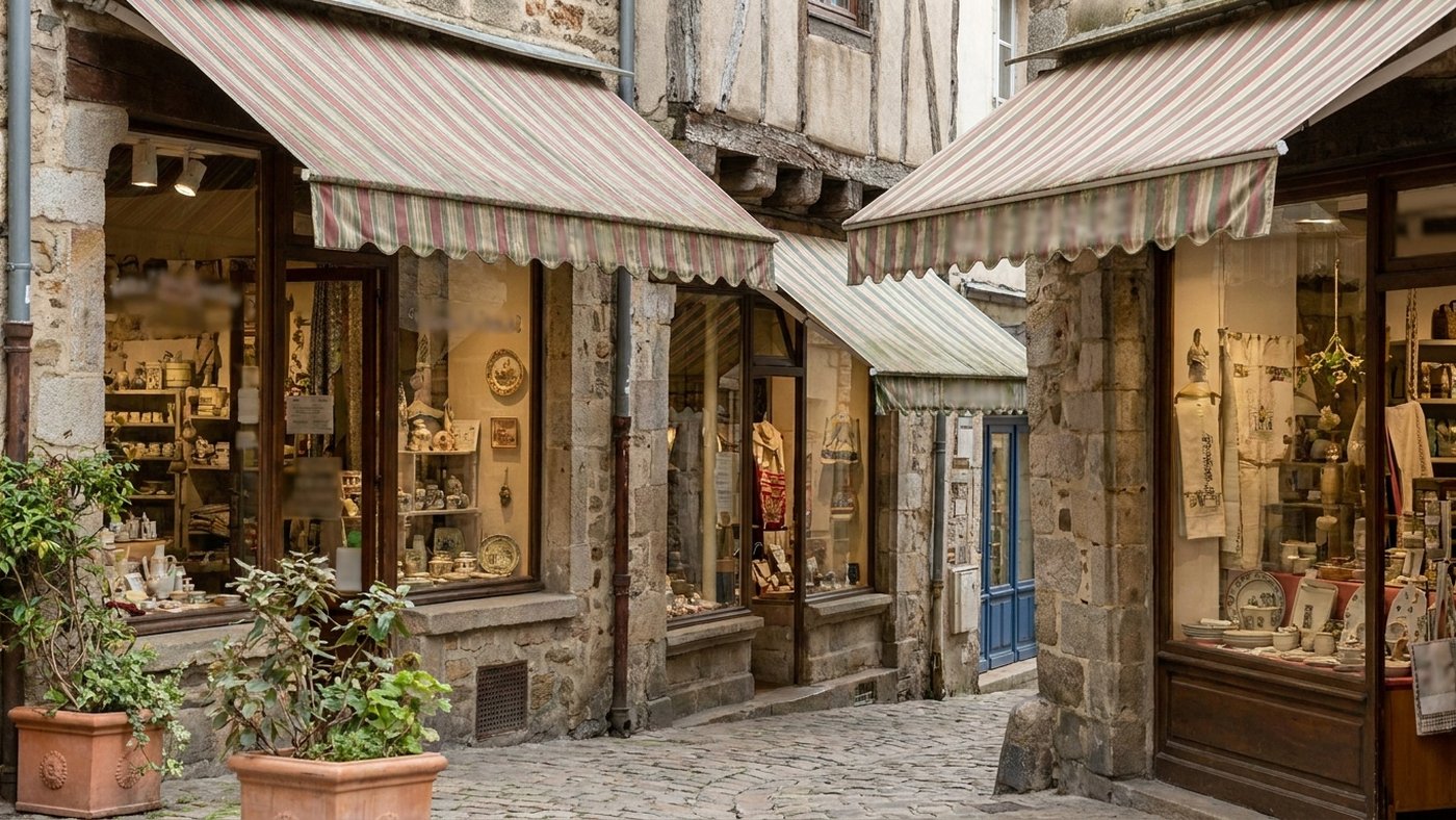 Ruelle piétonne pavée bordée de boutiques à stores rayés et vitrines garnies, façade à colombages et jardinières en terre cuite