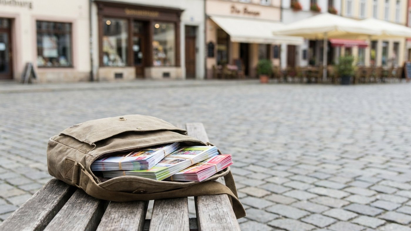 Sacoche de coursier ouverte remplie de paquets de dépliants colorés, posée sur un banc en bois d'une place pavée, terrasses de café floues à l'arrière-plan