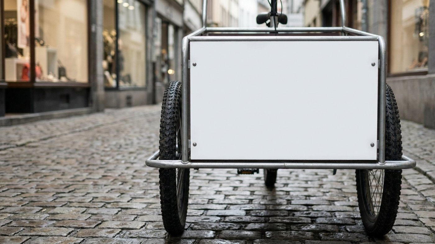 Panneau publicitaire vierge monté sur une remorque de vélo cargo, à l'arrêt dans une rue pavée piétonne bordée de devantures de commerces, aucune personne