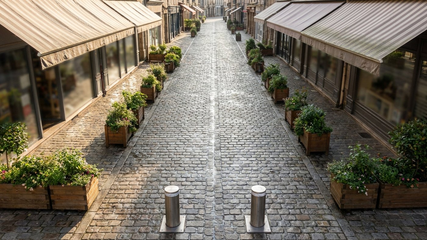 Rue commerçante piétonne d'un centre-ville français vue en enfilade, pavés, devantures et bacs à plantes, bornes escamotables au premier plan, aucune personne
