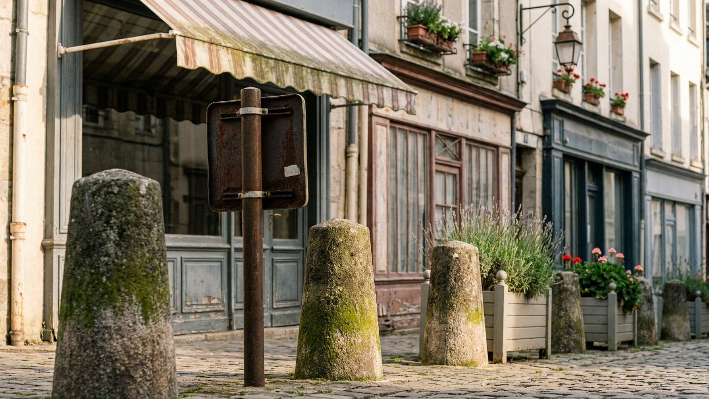 Bornes de pierre et panneau de signalisation vu de dos à l'entrée d'une rue commerçante pavée, devantures anciennes à store rayé et jardinières fleuries en arrière-plan