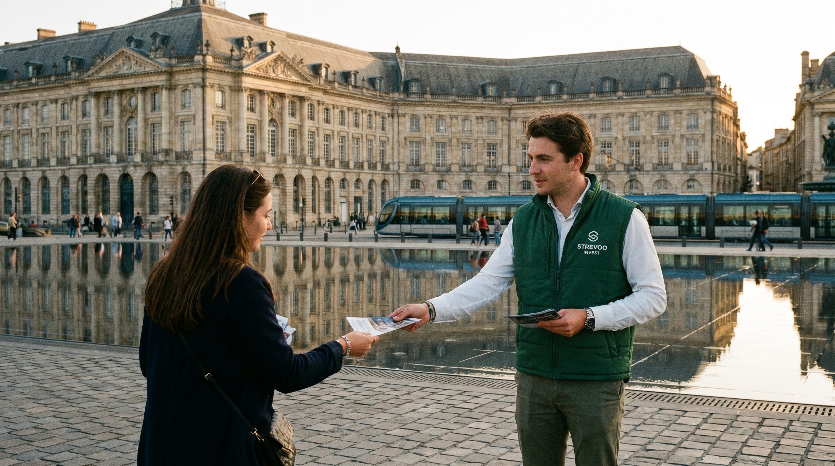 Animateurs Strevoo en gilet vert distribuant des flyers place de la Bourse à Bordeaux, devant le miroir d'eau