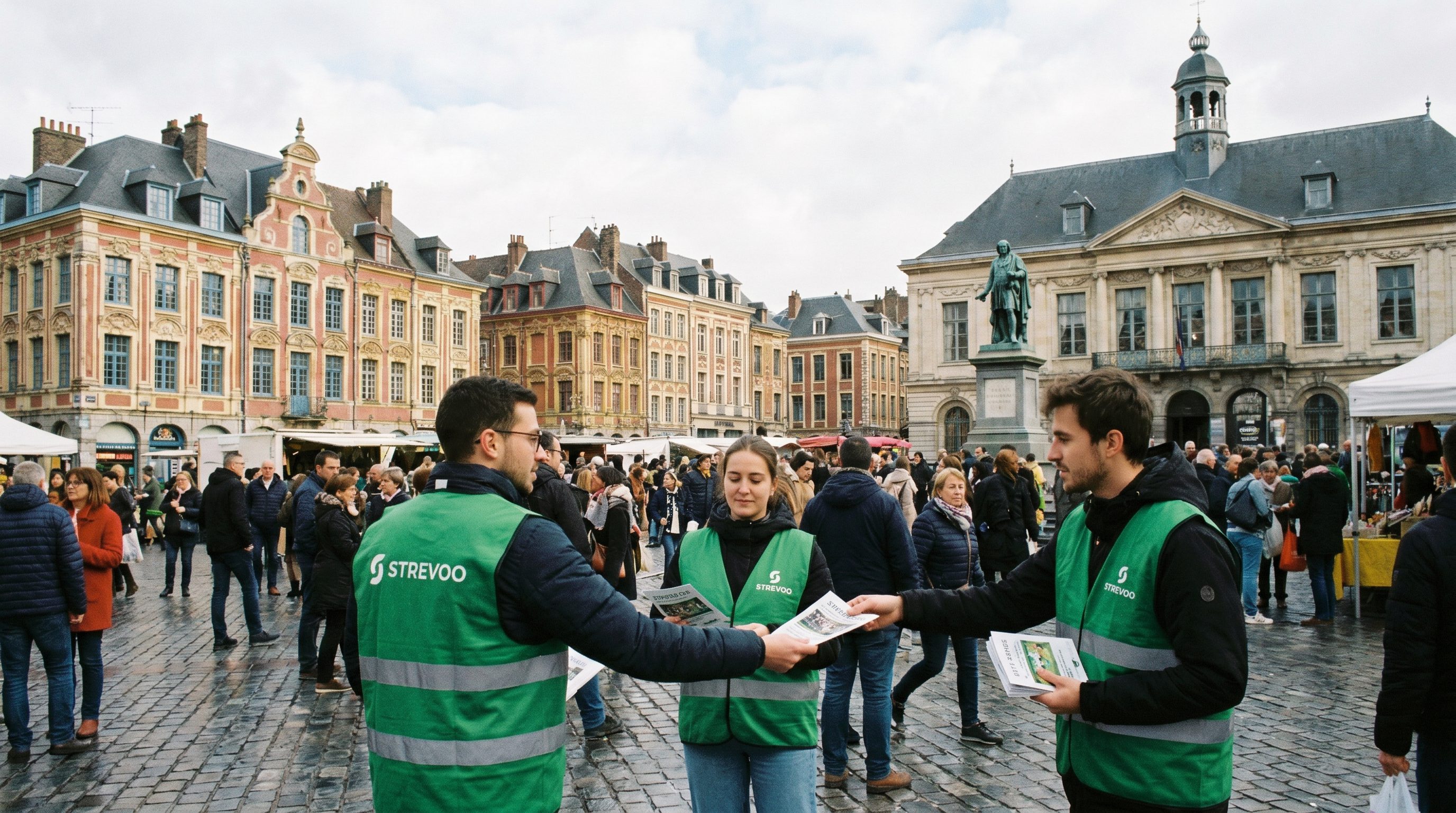 Animateurs Strevoo en gilet vert distribuant des flyers Grand-Place de Lille, façades flamandes en arrière-plan