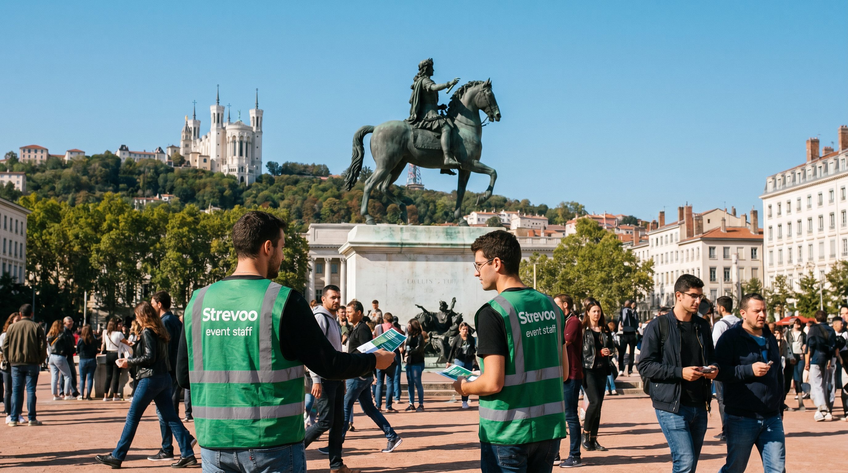 Animateurs Strevoo en gilet vert distribuant des flyers Place Bellecour à Lyon, basilique de Fourvière en arrière-plan