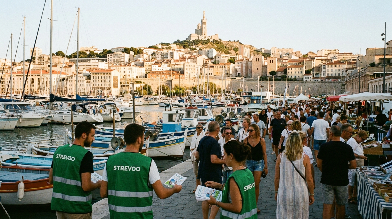 Animateurs Strevoo en gilet vert distribuant des flyers sur le Vieux-Port de Marseille, Notre-Dame de la Garde en arrière-plan