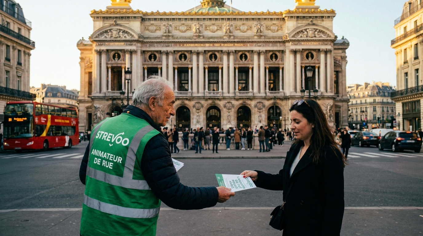 Animateurs Strevoo en gilet vert distribuant des flyers devant l'Opéra Garnier à Paris