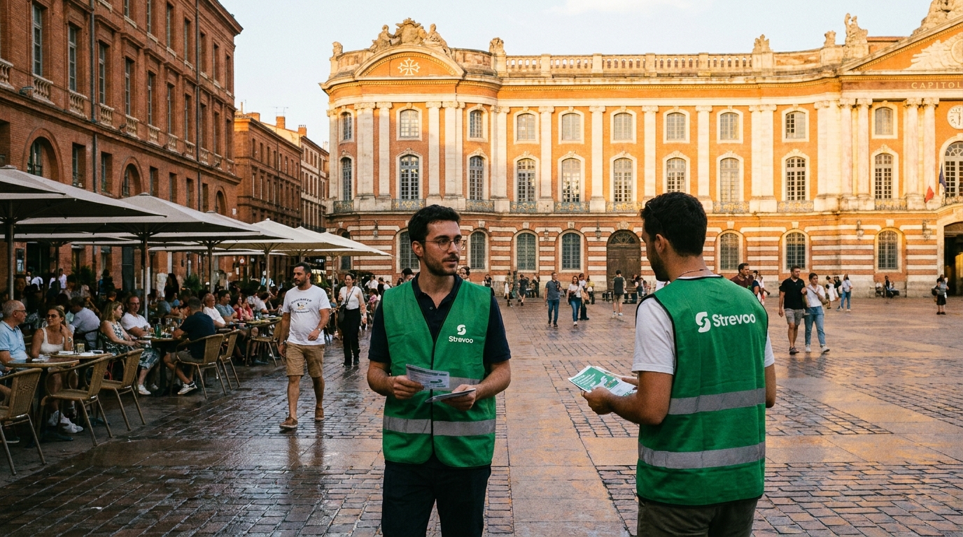 Animateurs Strevoo en gilet vert distribuant des flyers Place du Capitole à Toulouse
