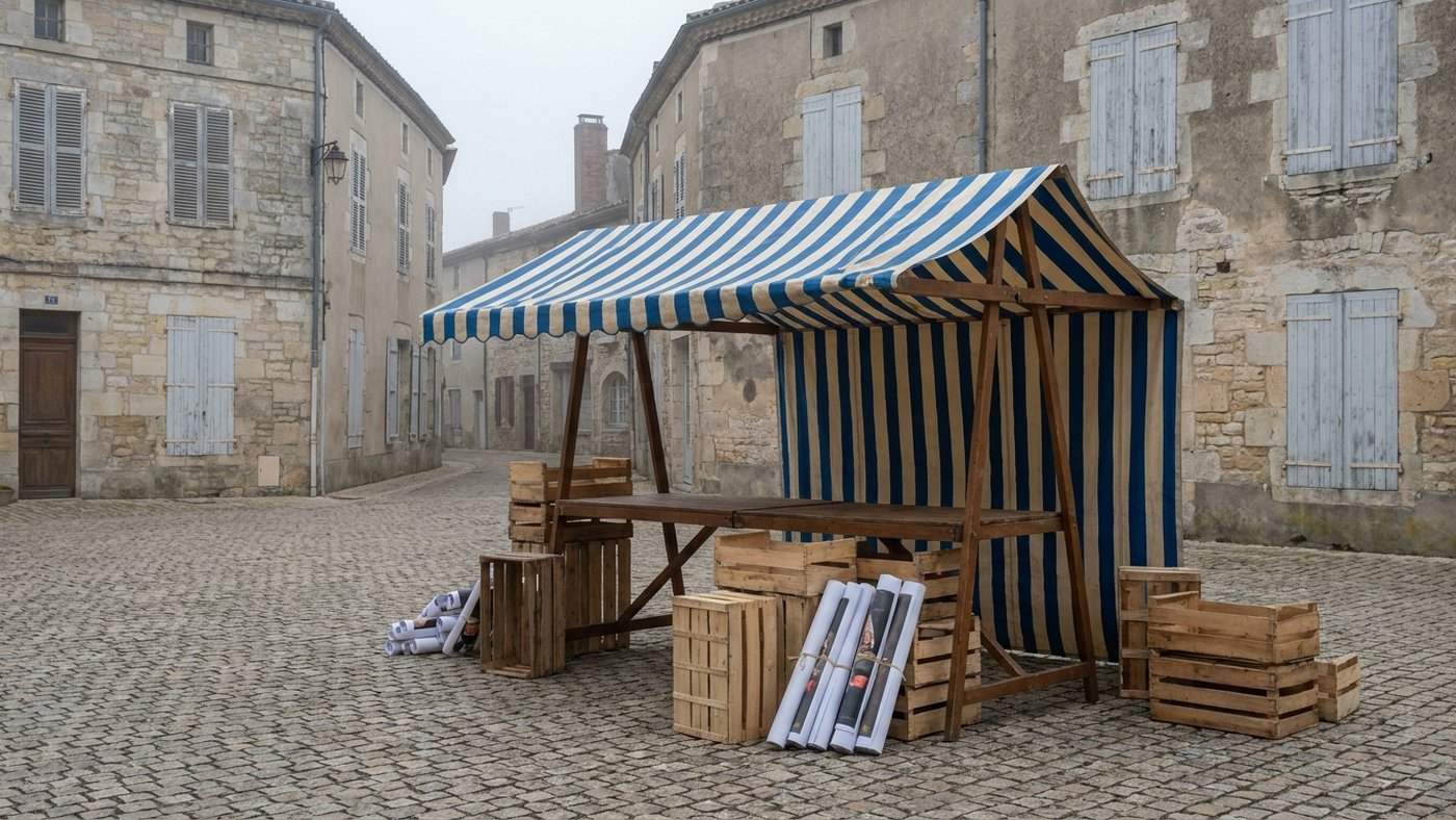 Stand de street marketing avec auvent rayé en cours d'installation sur une place française, caisses et affiches roulées