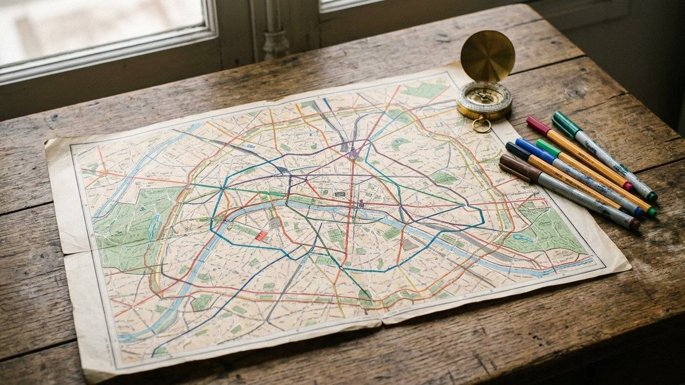 Carte de Paris annotée de trajets au marqueur, le ciblage géographique d'une campagne de marketing alternatif