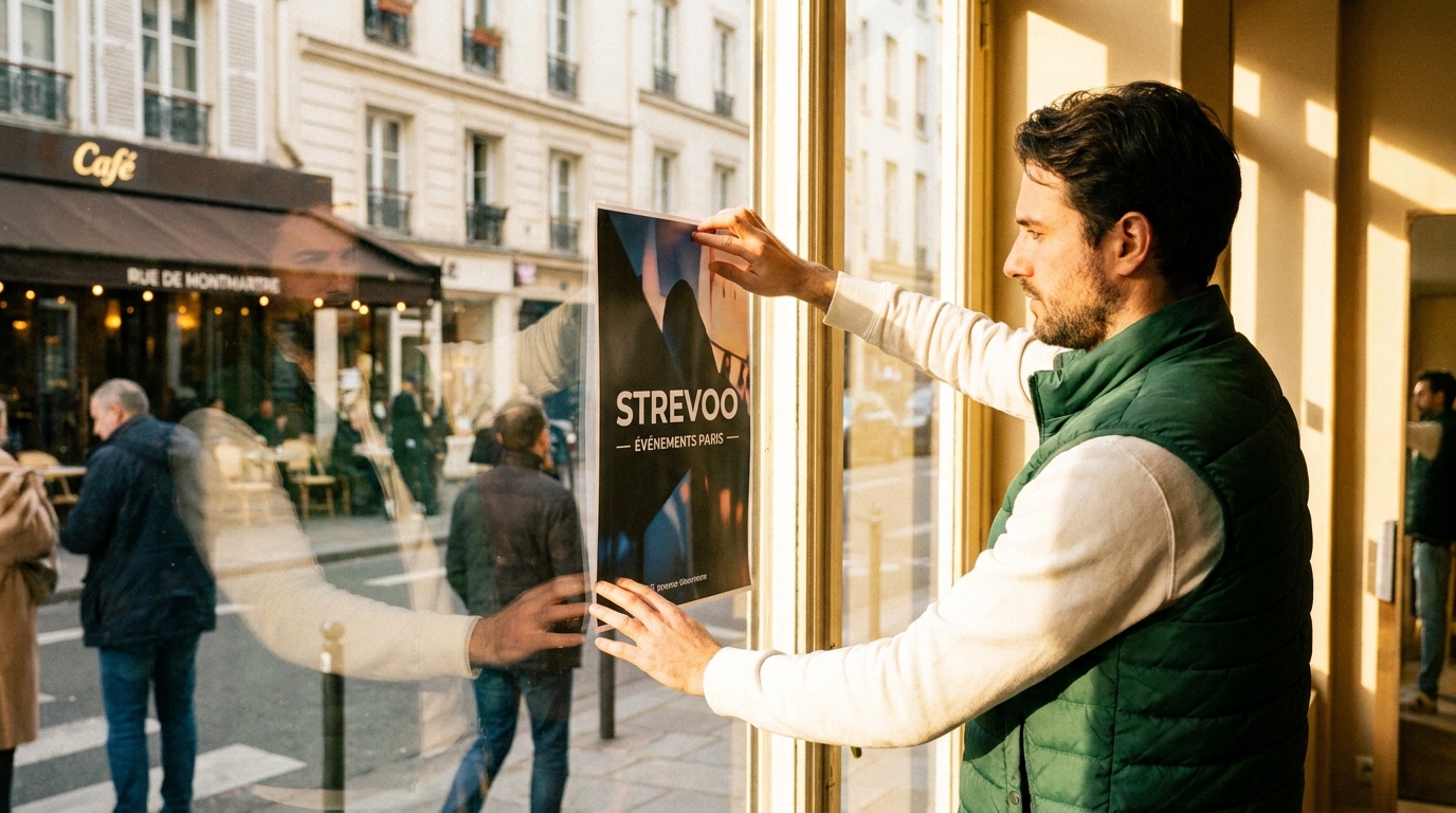 Animateur Strevoo collant une affiche promotionnelle sur la vitrine d'une boutique parisienne