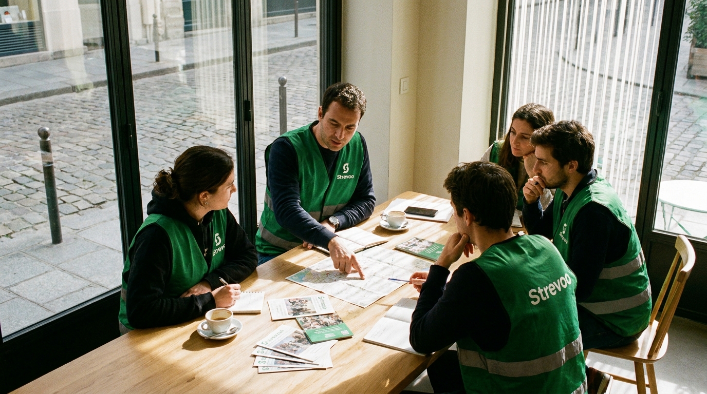 Équipe Strevoo en briefing matinal avant une mission de distribution de flyers