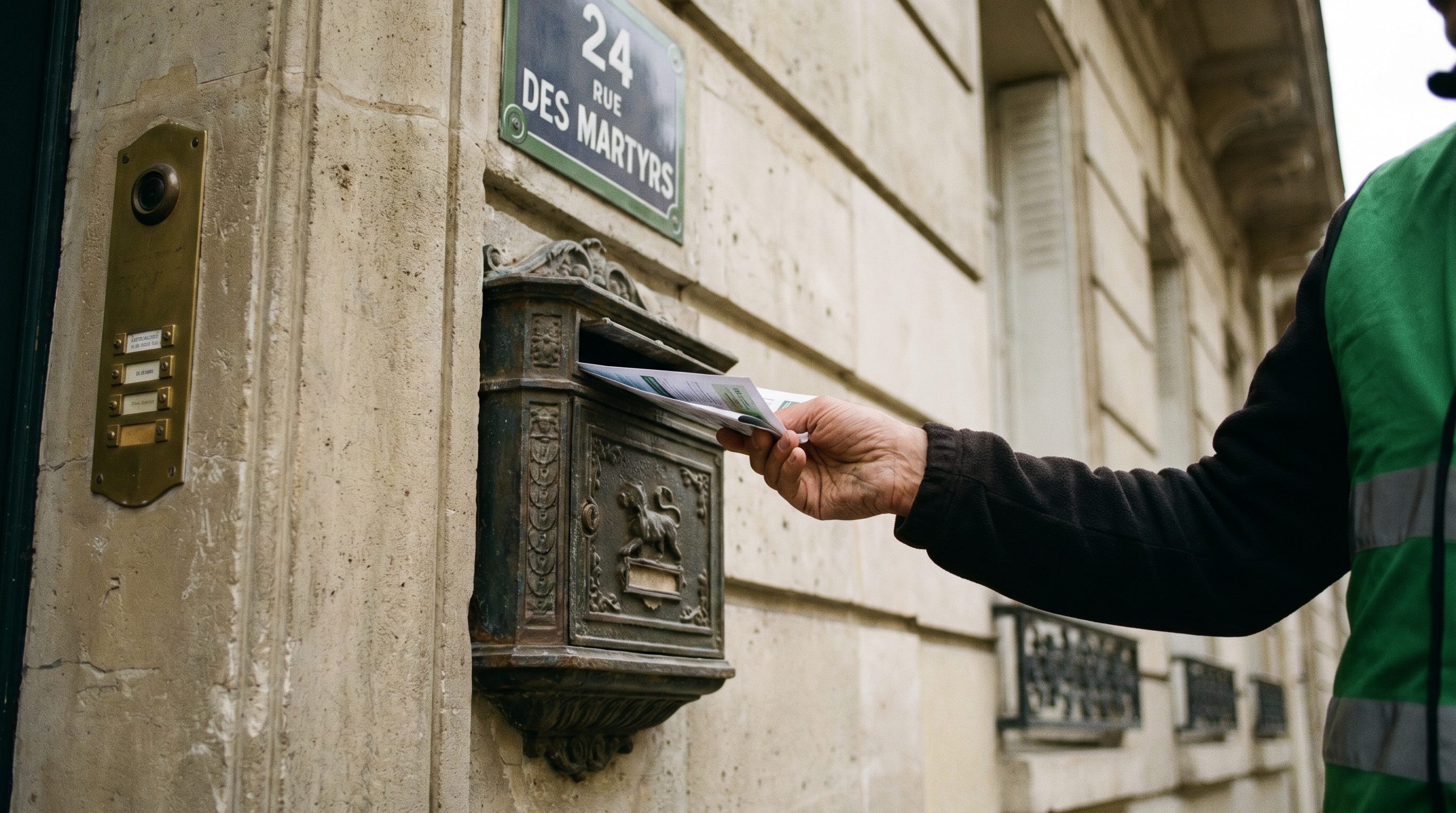 Animateur Strevoo glissant un flyer dans une boîte aux lettres d'immeuble haussmannien parisien