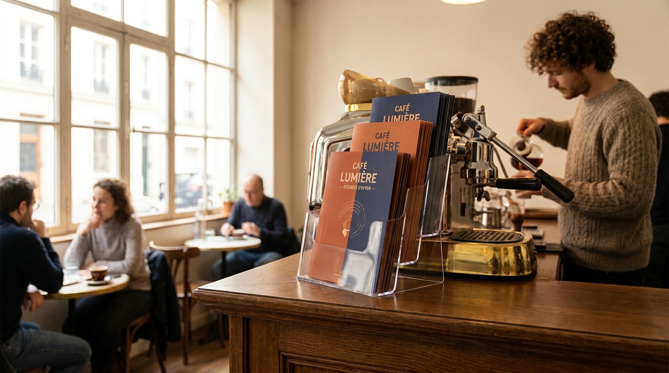 Présentoir de flyers Strevoo posé sur le comptoir d'un café indépendant français