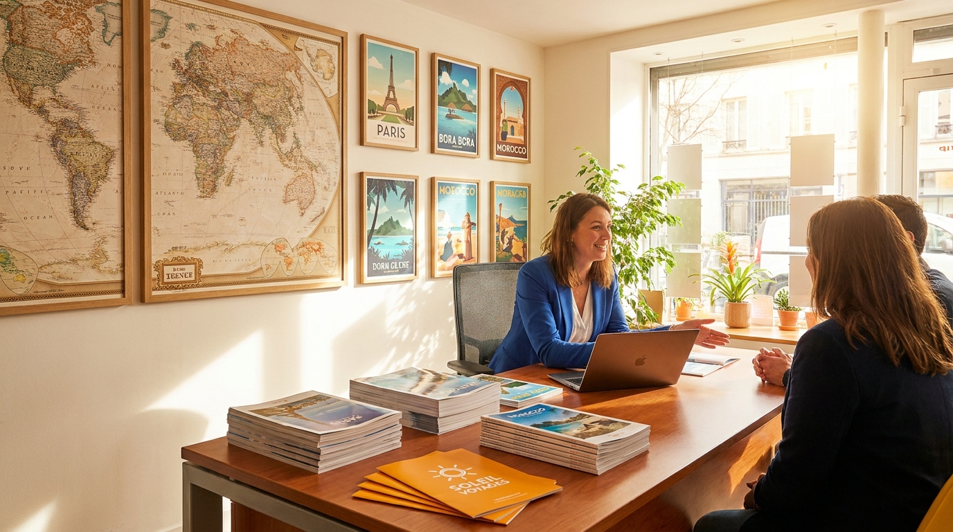Intérieur d'une agence de voyage française avec brochures et flyers Strevoo sur le bureau