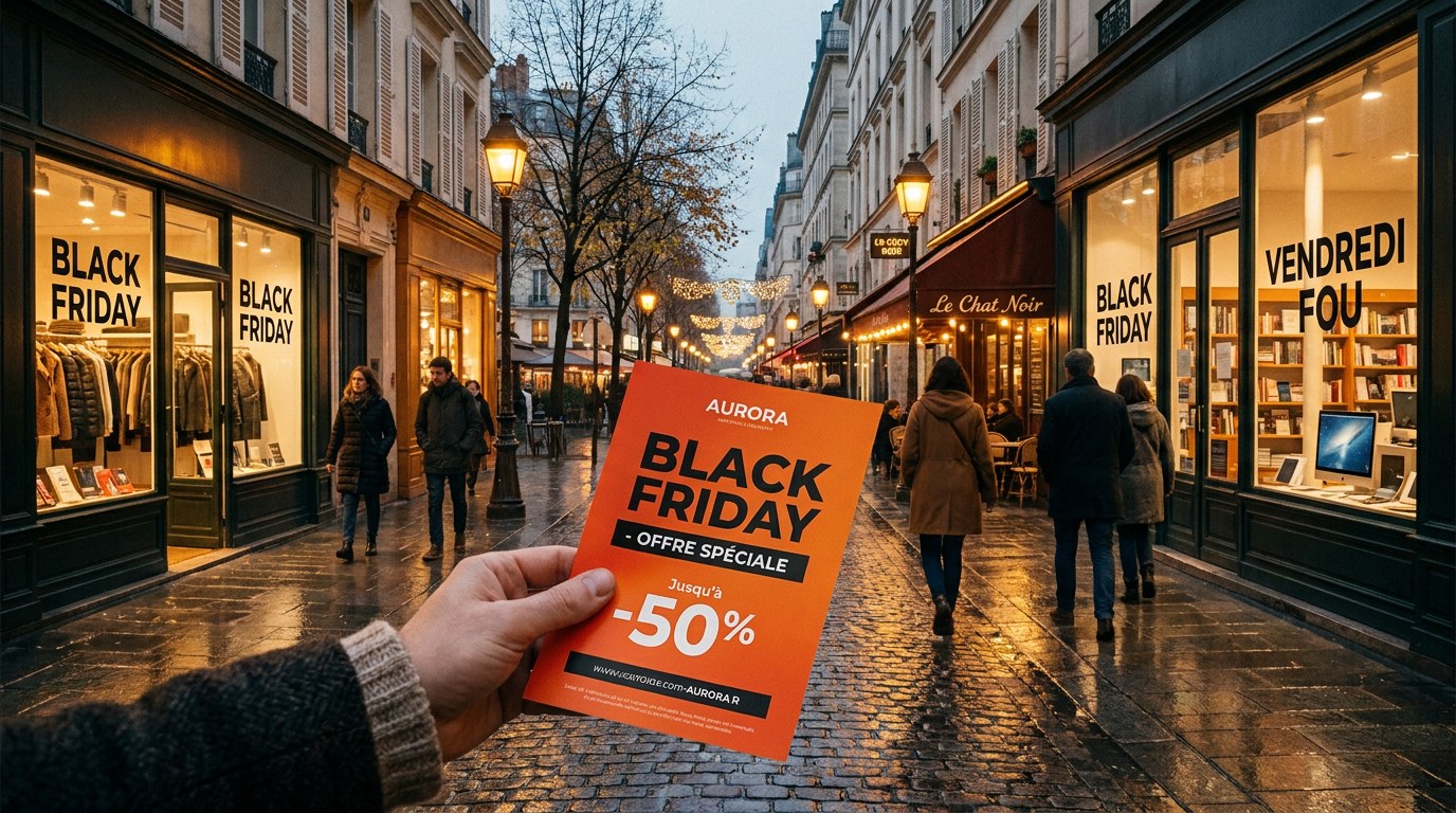Rue commerçante française avec vitrines Black Friday et flyer Strevoo distribué par animateur