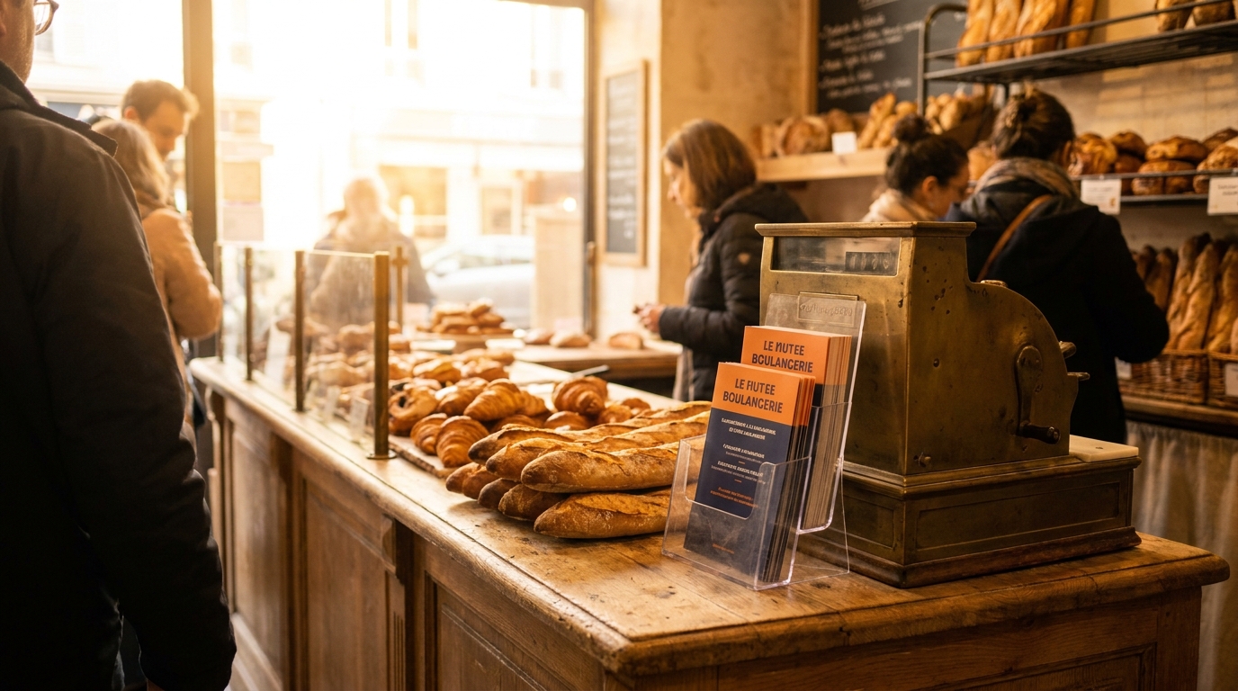 Comptoir d'une boulangerie artisanale française avec un présentoir Strevoo de flyers
