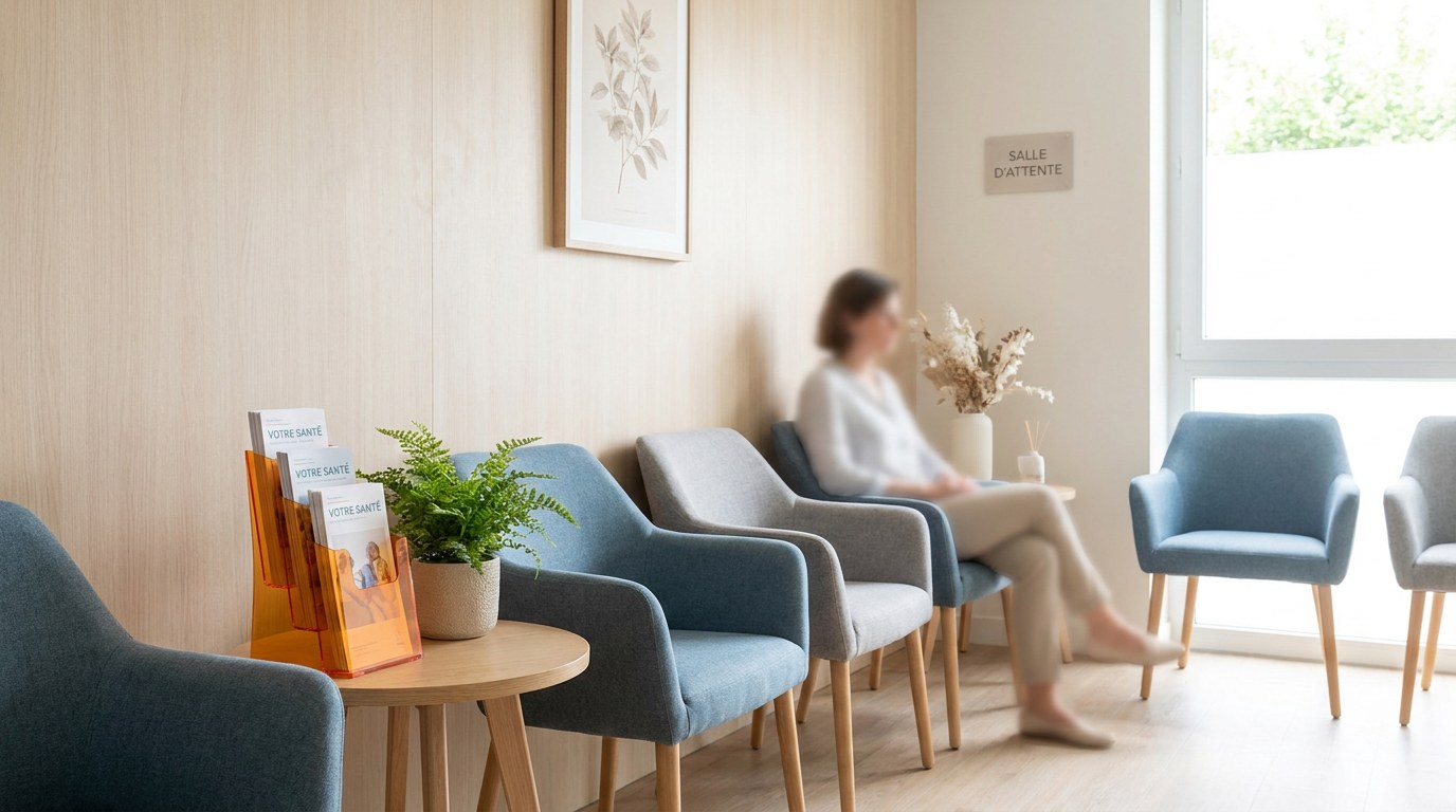 Salle d'attente d'un cabinet médical français avec présentoir Strevoo de flyers d'information