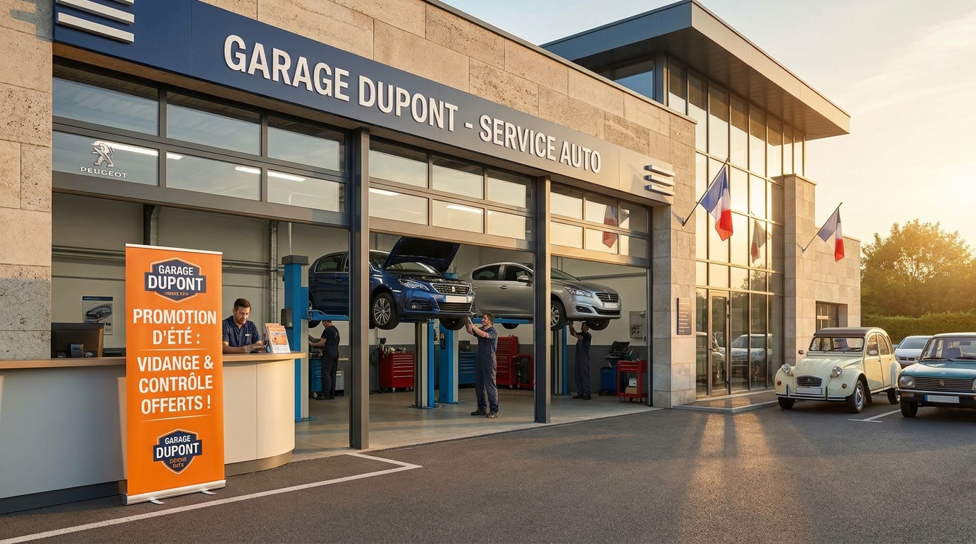 Extérieur d'un centre auto français avec présentoir Strevoo de flyers à l'accueil