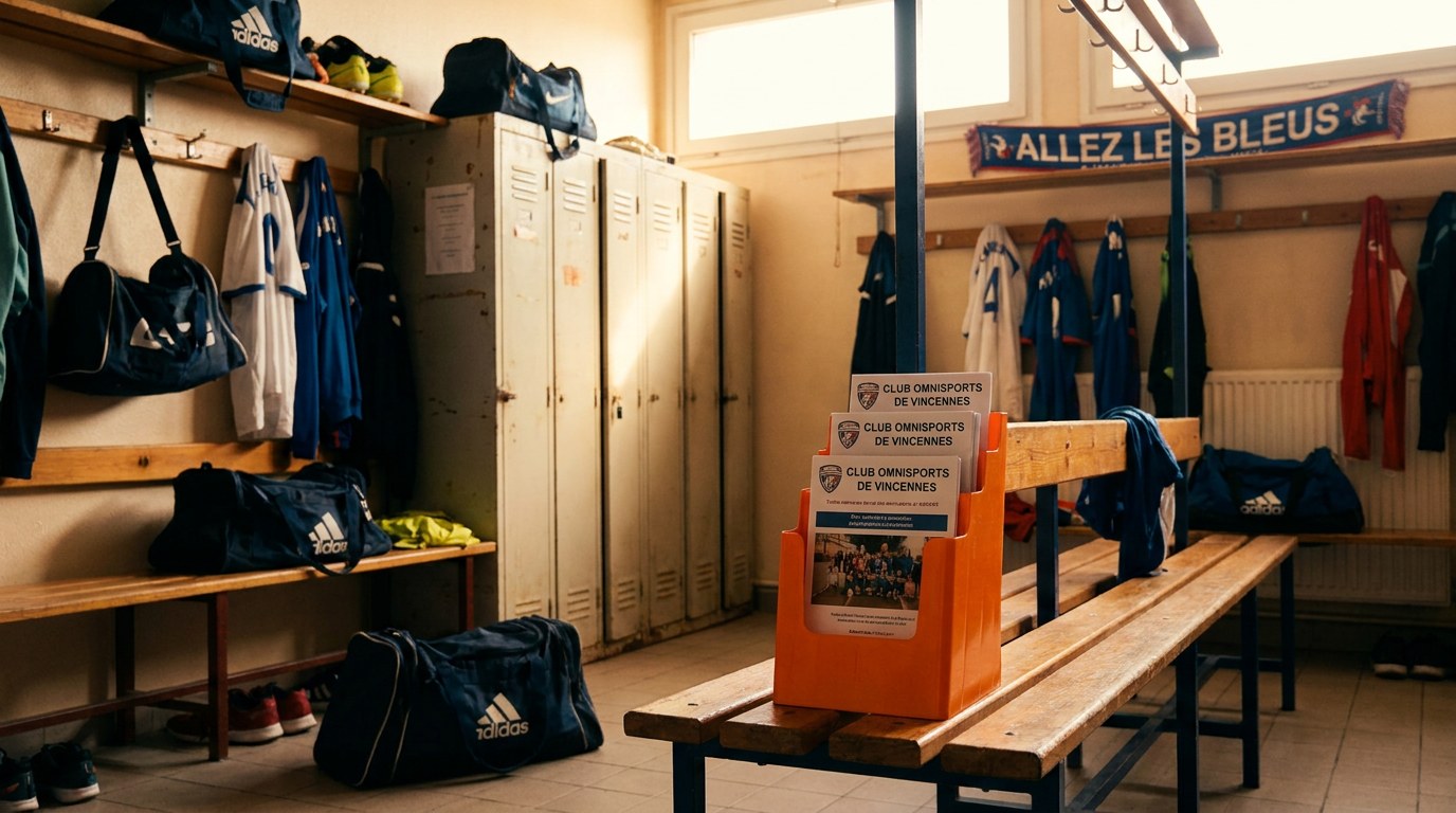 Vestiaire de club sportif amateur français avec flyers Strevoo et matériel sportif