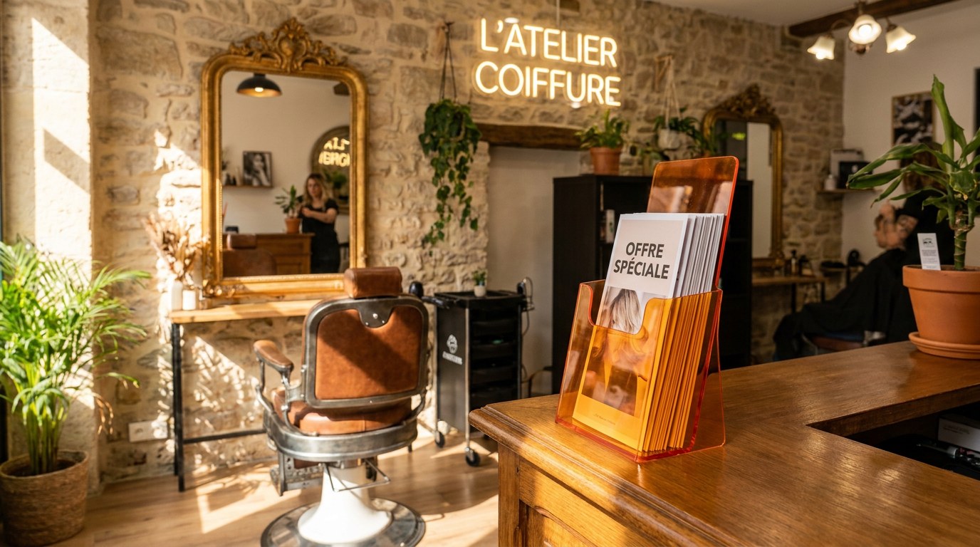 Salon de coiffure indépendant français avec présentoir Strevoo de flyers à l'accueil
