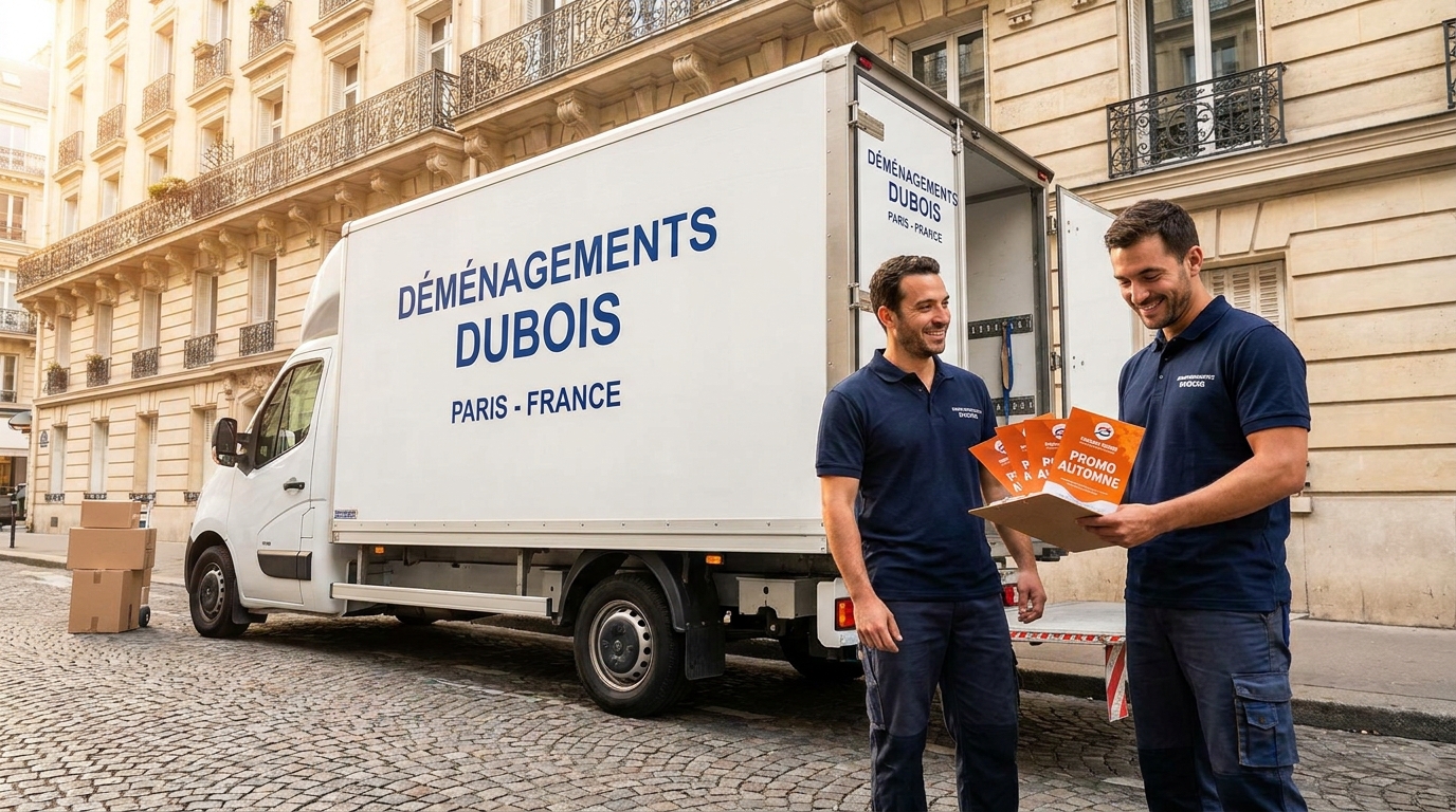 Camion de déménagement français devant un immeuble avec animateur distribuant flyer Strevoo