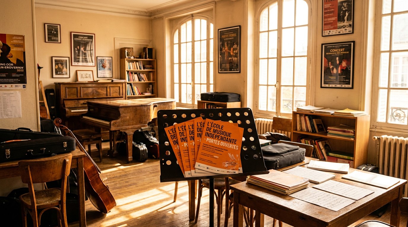 Intérieur d'une école de musique française avec piano et flyers Strevoo posés sur le pupitre
