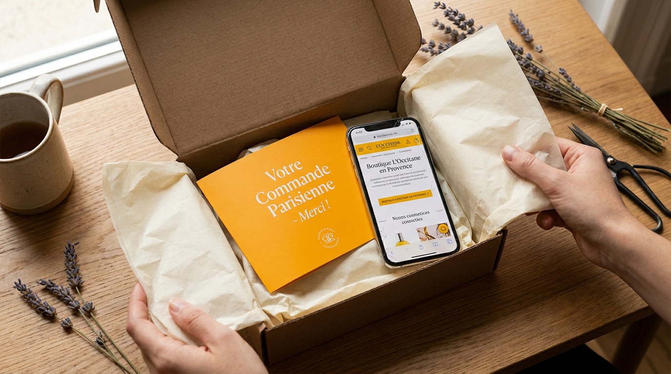 Carton e-commerce ouvert contenant flyer Strevoo de marketing