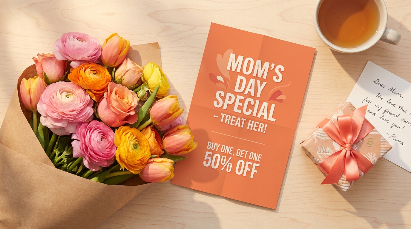 Bouquet coloré et flyer Strevoo offre Fête des Mères avec coffret cadeau
