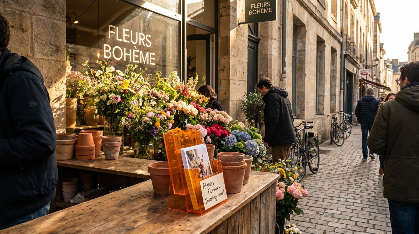 Intérieur d'une boutique de fleuriste française avec présentoir Strevoo de flyers