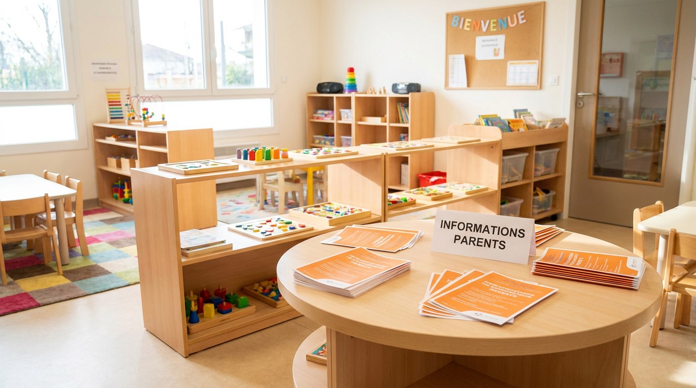 Salle de crèche française colorée avec table d'information et flyers Strevoo pour parents