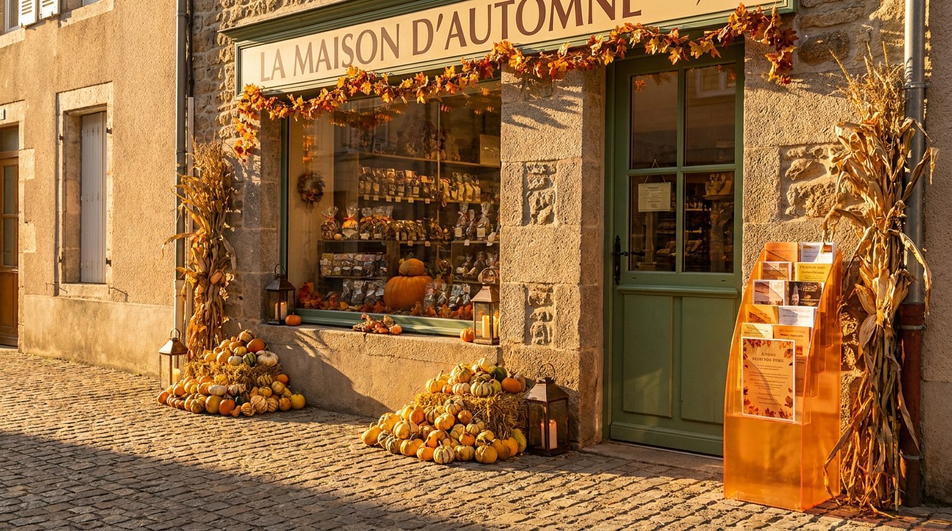Vitrine de commerce français décorée Halloween avec citrouilles et flyer Strevoo