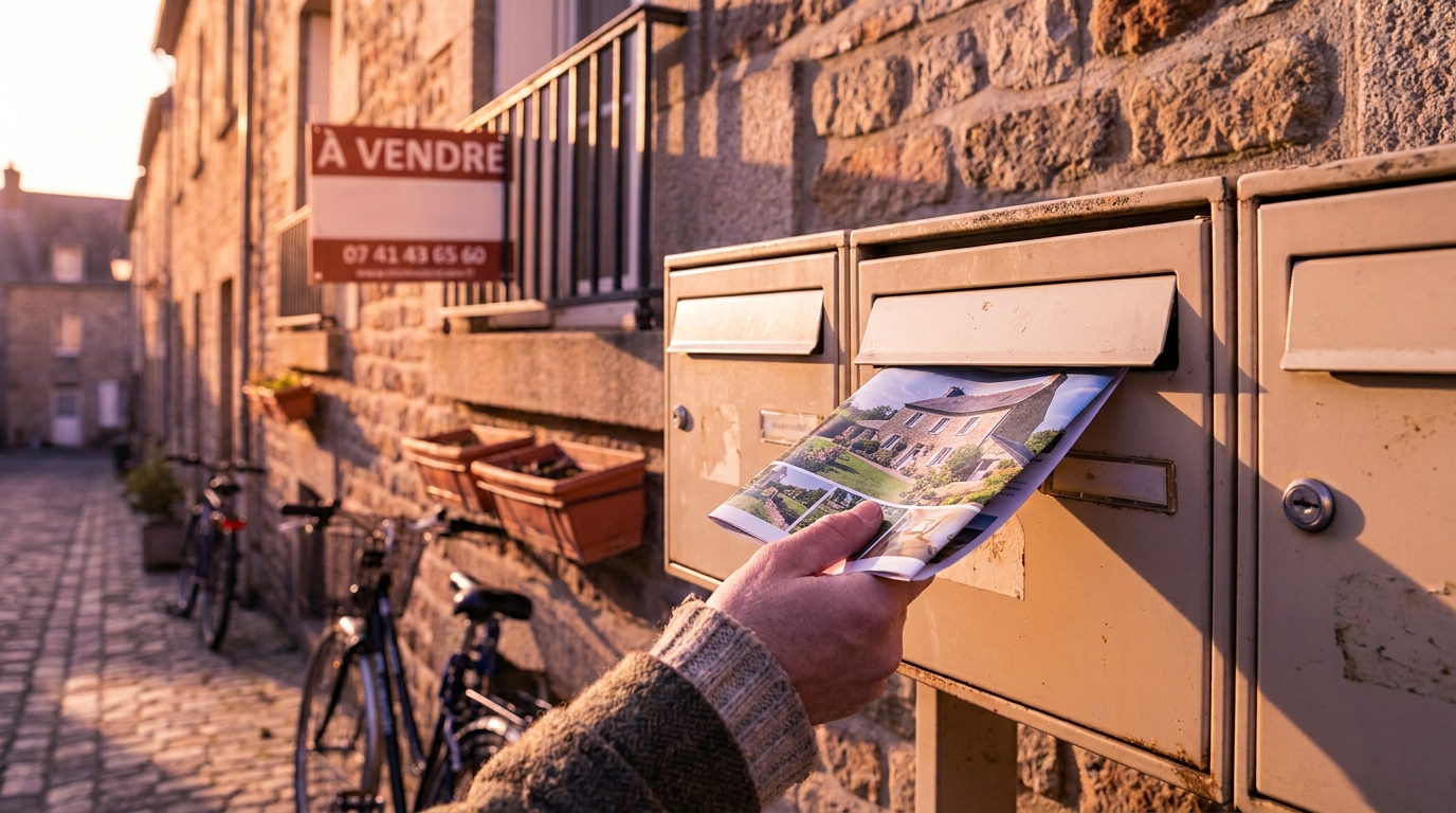 Distribution de flyers immobilier dans les boîtes aux lettres d'un immeuble résidentiel français