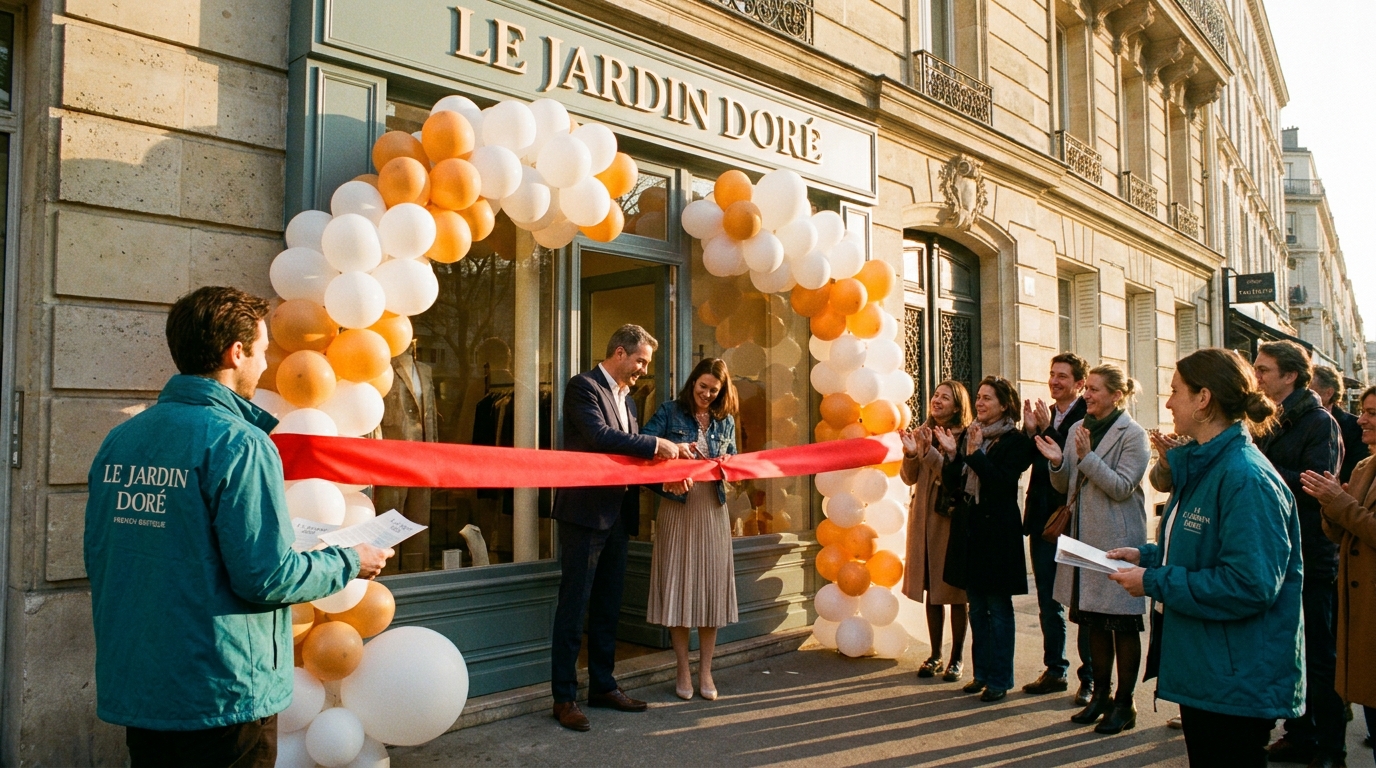 Coupé du ruban d'inauguration d'une boutique avec distribution de flyers par des animateurs Strevoo