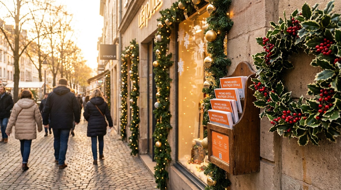 Boutique française décorée pour Noël avec flyers Strevoo dans un présentoir près d'une couronne