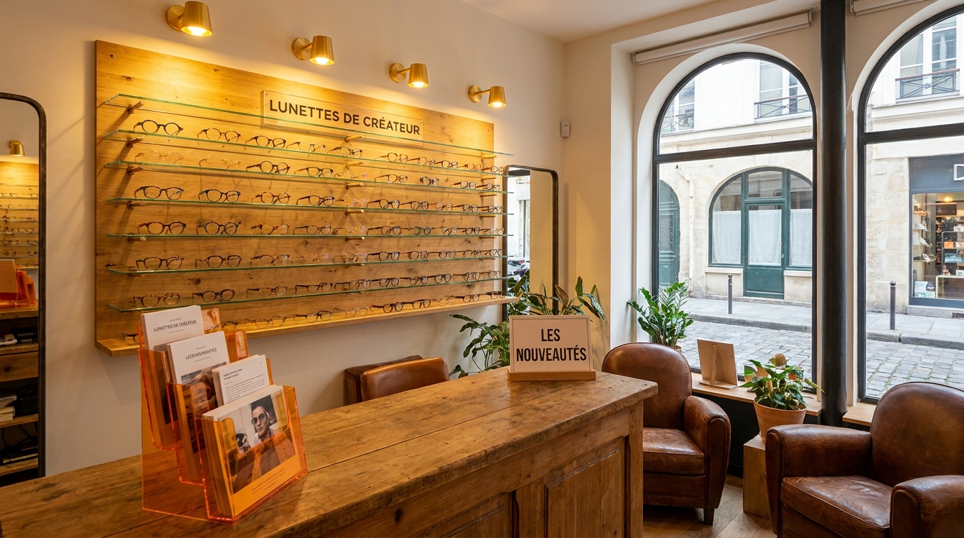 Intérieur d'une boutique d'opticien français avec présentoir Strevoo de flyers