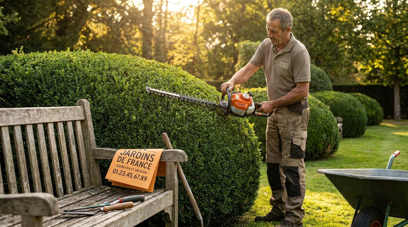 Jardinier paysagiste français au travail avec flyer Strevoo sur banc en bois