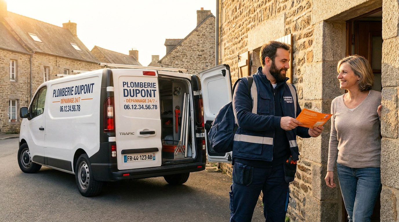 Camionnette de plombier français devant un immeuble avec animateur distribuant flyer Strevoo