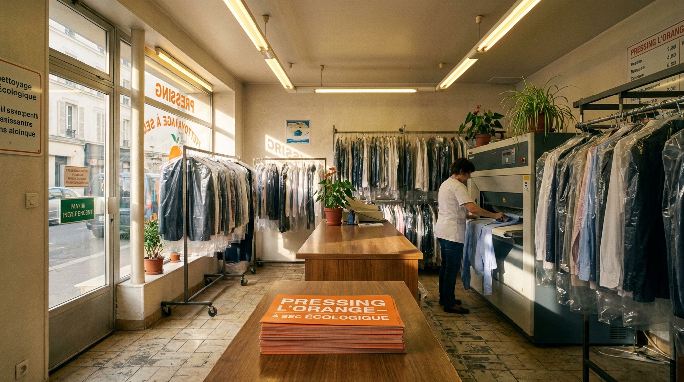Intérieur d'un pressing français avec présentoir Strevoo de flyers à l'accueil