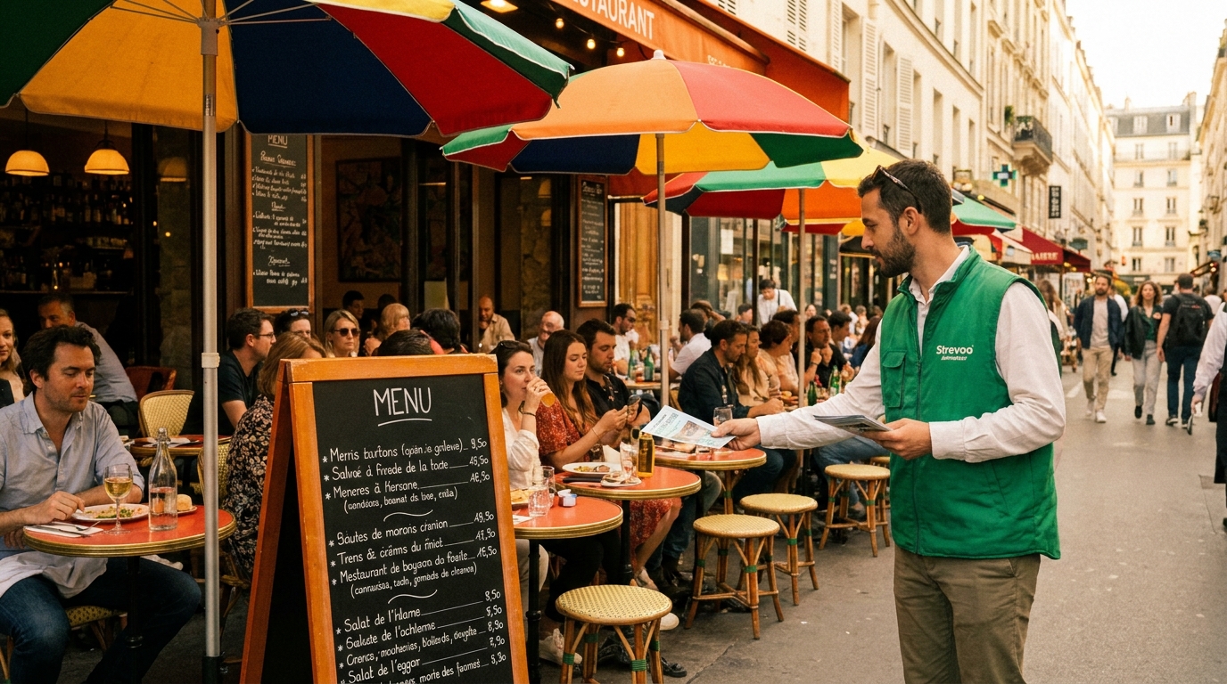 Animateur Strevoo distribuant des flyers devant la terrasse d'un restaurant parisien