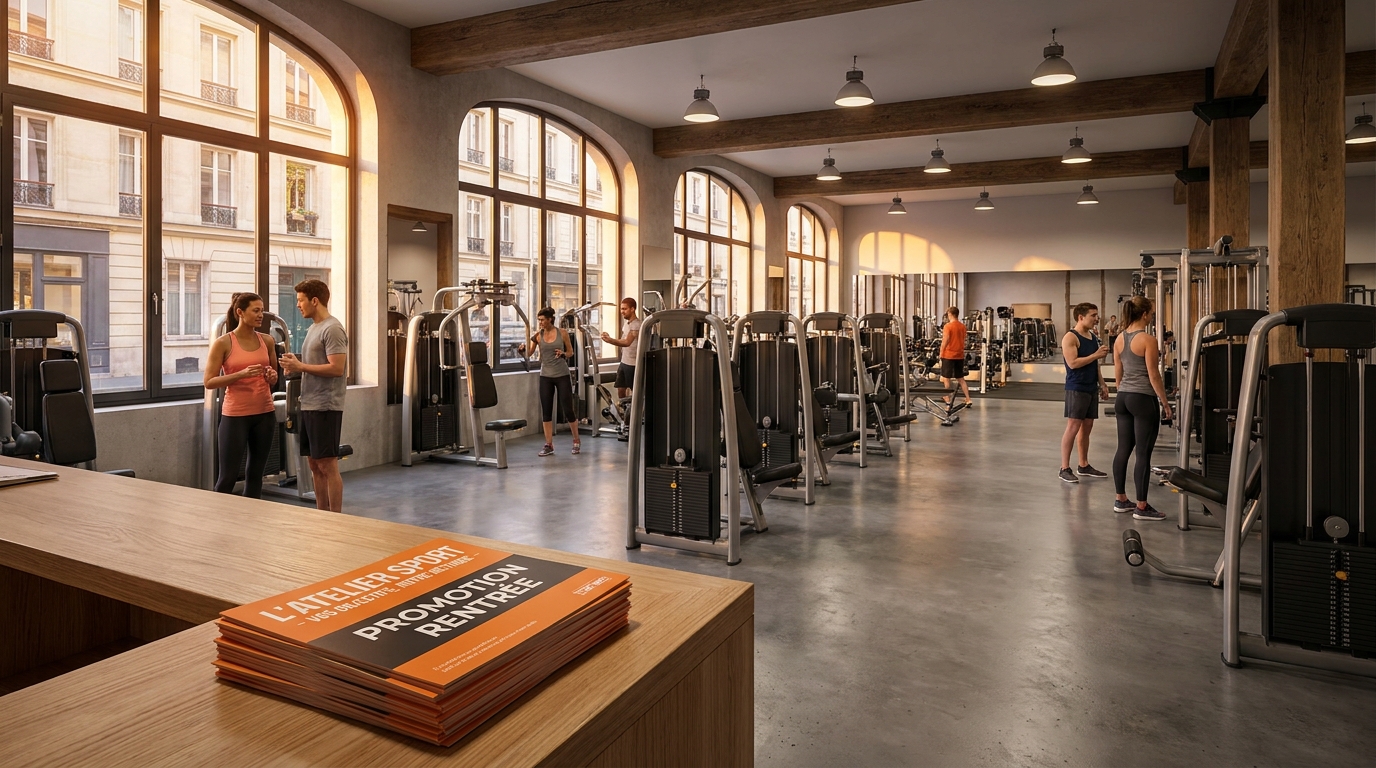 Intérieur d'une salle de sport française avec présentoir Strevoo de flyers à l'accueil