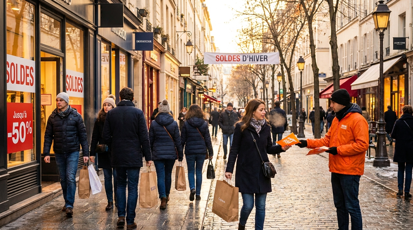 Rue commerçante française en janvier avec affiches soldes et animatrice Strevoo distribuant des flyers